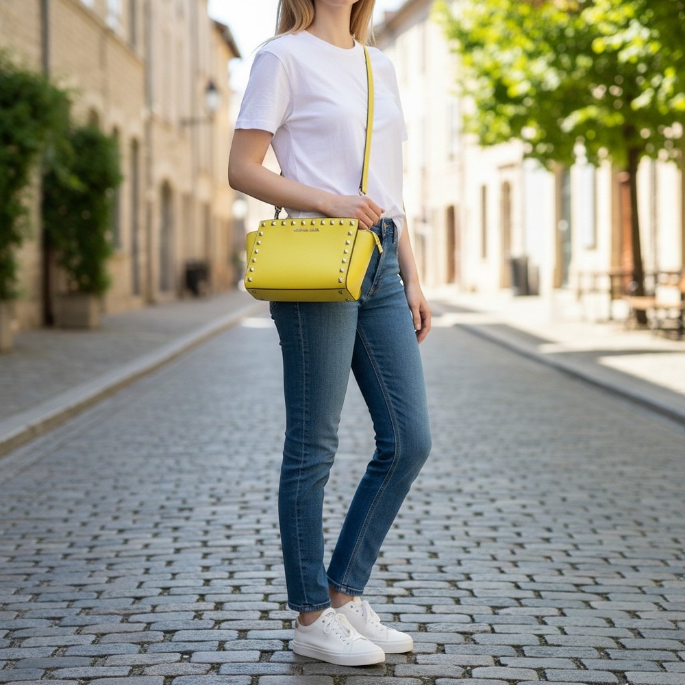 Michael Kors Selma Studded Saffiano Leather Crossbody Bag Neon Yellow Silver